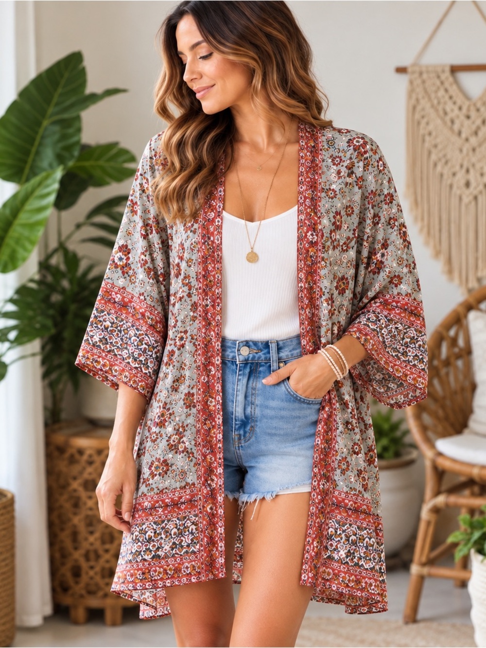 Boho Floral Paisley Kimono Duster Festival Layer Cover Up Knox Rose Large